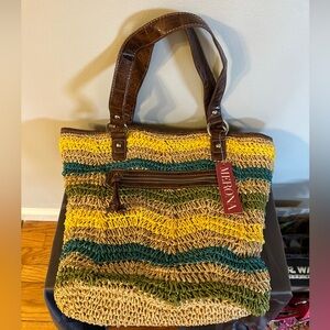 NWT Merona Target Straw Beach Tote Bag Purse yellow,green,teal,Tan